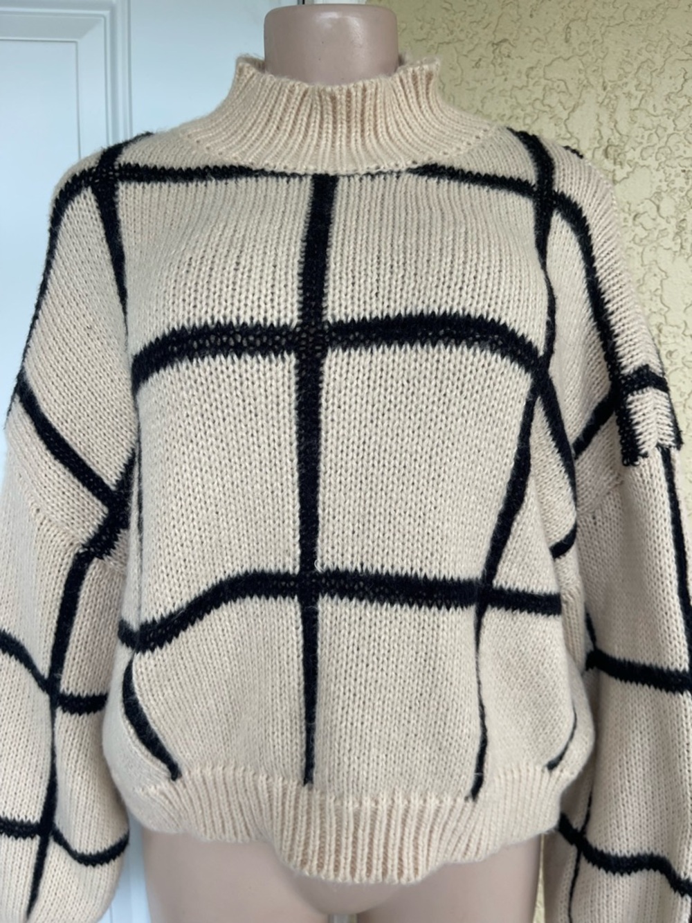 Little Líes Cream Windowpane Turtleneck Sweater with Black Grid - Picture 4 of 10